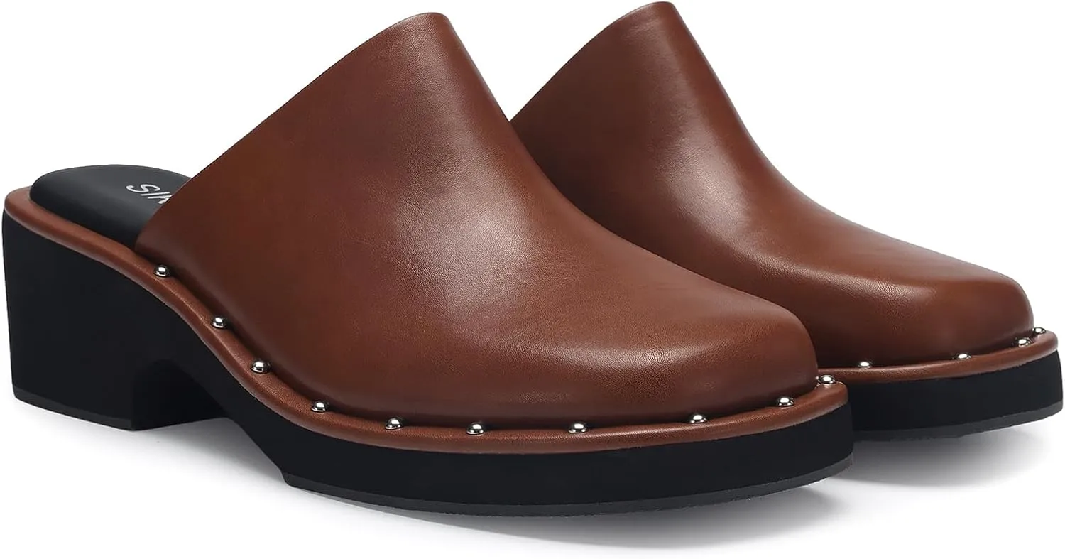 Mules for Women Clogs Chunky Block Heel Mule Square Closed Toe Slip-On Sandals with Memory Foam Padding Retro Rivet Comfort Fashion Slide Shoes
