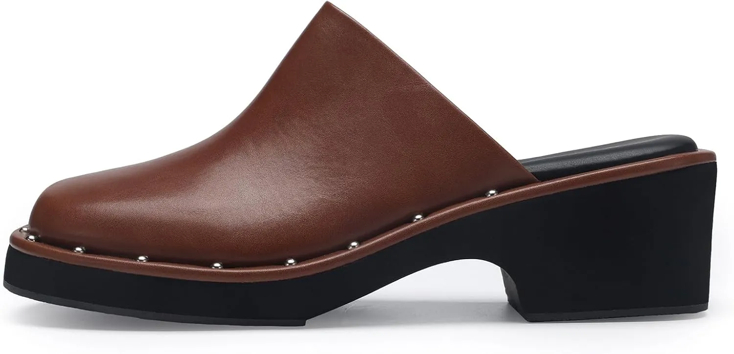 Mules for Women Clogs Chunky Block Heel Mule Square Closed Toe Slip-On Sandals with Memory Foam Padding Retro Rivet Comfort Fashion Slide Shoes