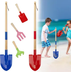 NNG 5 Pcs Metal Beach Shovels for Kids,Toddler Sand Shovels with Wood Handle,Children Beach Sandbox Digging Toys with Fork, Rake, Flat & Pointed Shovels