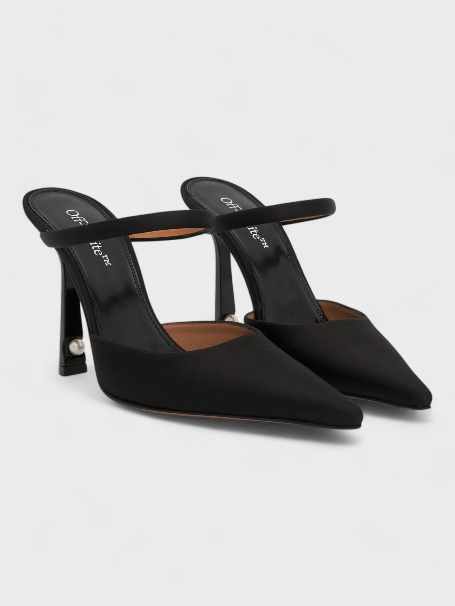 Off-White Pearl Satin High Pointed Mule Heels Black