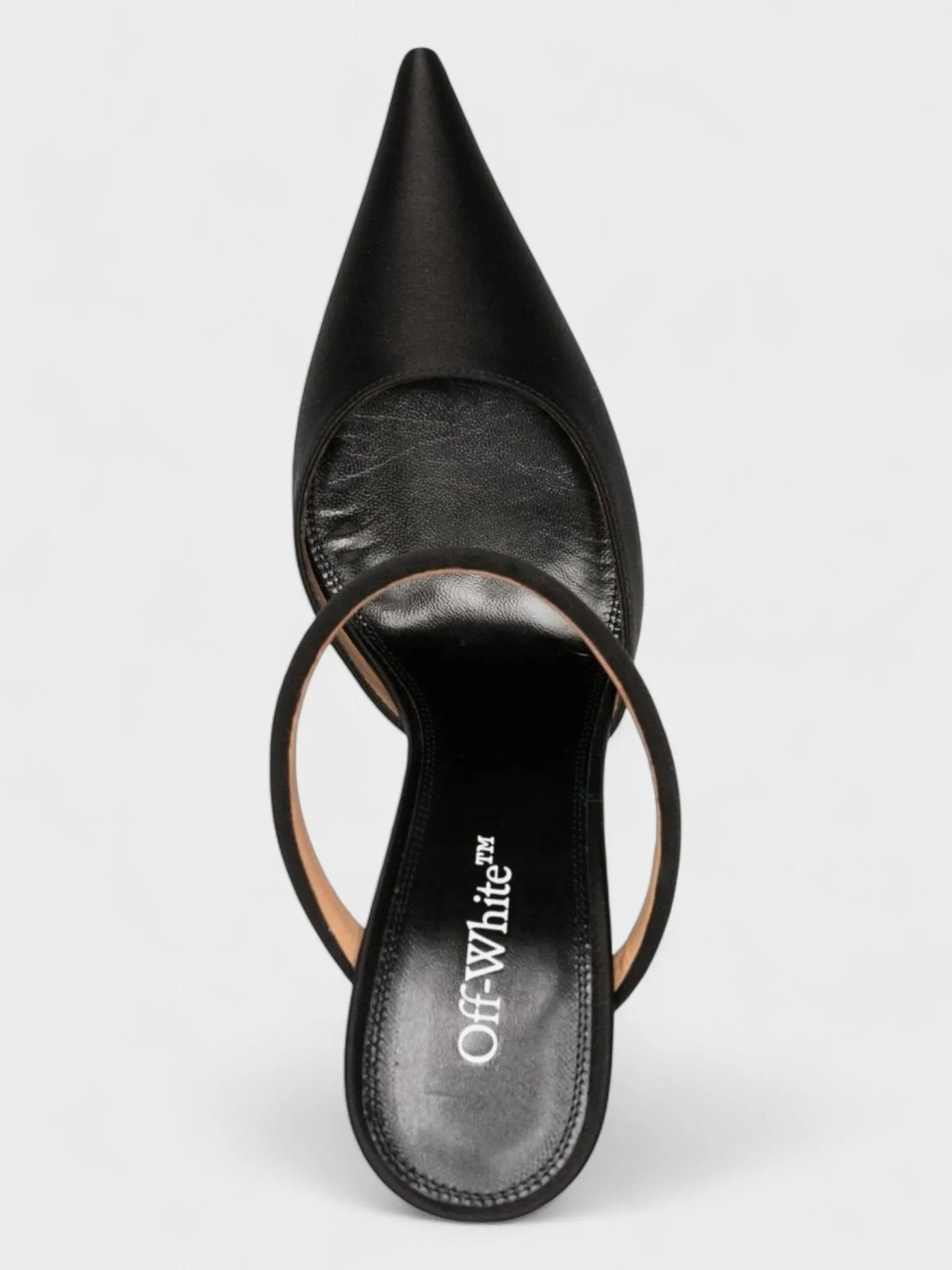 Off-White Pearl Satin High Pointed Mule Heels Black