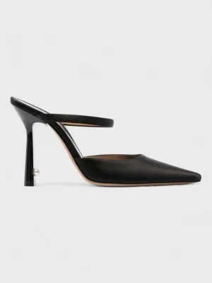 Off-White Pearl Satin High Pointed Mule Heels Black