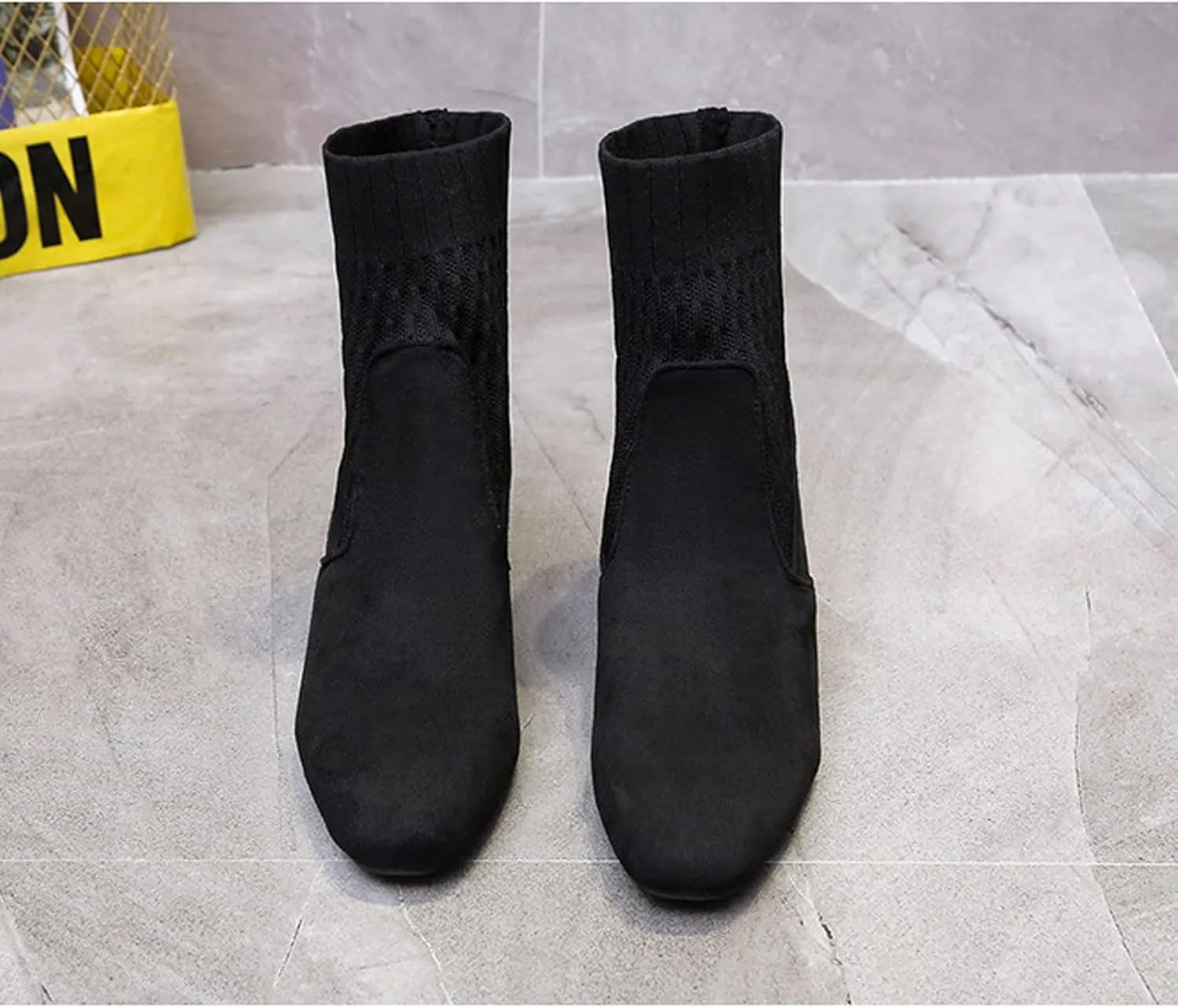 oiangi Knitted Ankle Boots for Women - Fashion Chunky Heel Round Toe Suede Slip-on Sock Mid Heel Short Booties Skinny Comfortable Casual Ladies Shoes