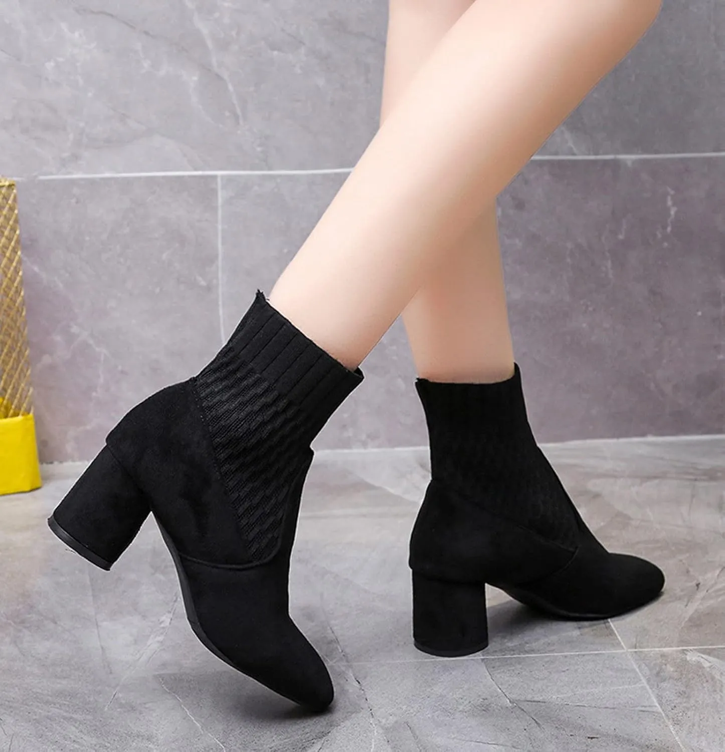 oiangi Knitted Ankle Boots for Women - Fashion Chunky Heel Round Toe Suede Slip-on Sock Mid Heel Short Booties Skinny Comfortable Casual Ladies Shoes