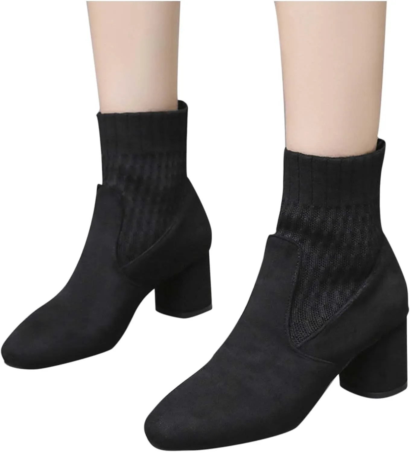 oiangi Knitted Ankle Boots for Women - Fashion Chunky Heel Round Toe Suede Slip-on Sock Mid Heel Short Booties Skinny Comfortable Casual Ladies Shoes