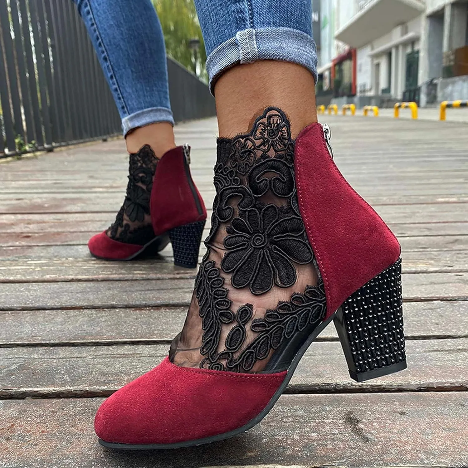 oiangi Womens Flowers Lace Mesh Sandals Thick Heel Casual Summer Closed Toe Back Zipper Chunky High Heel Shoes Elegant Comfortable Breathable Shoes