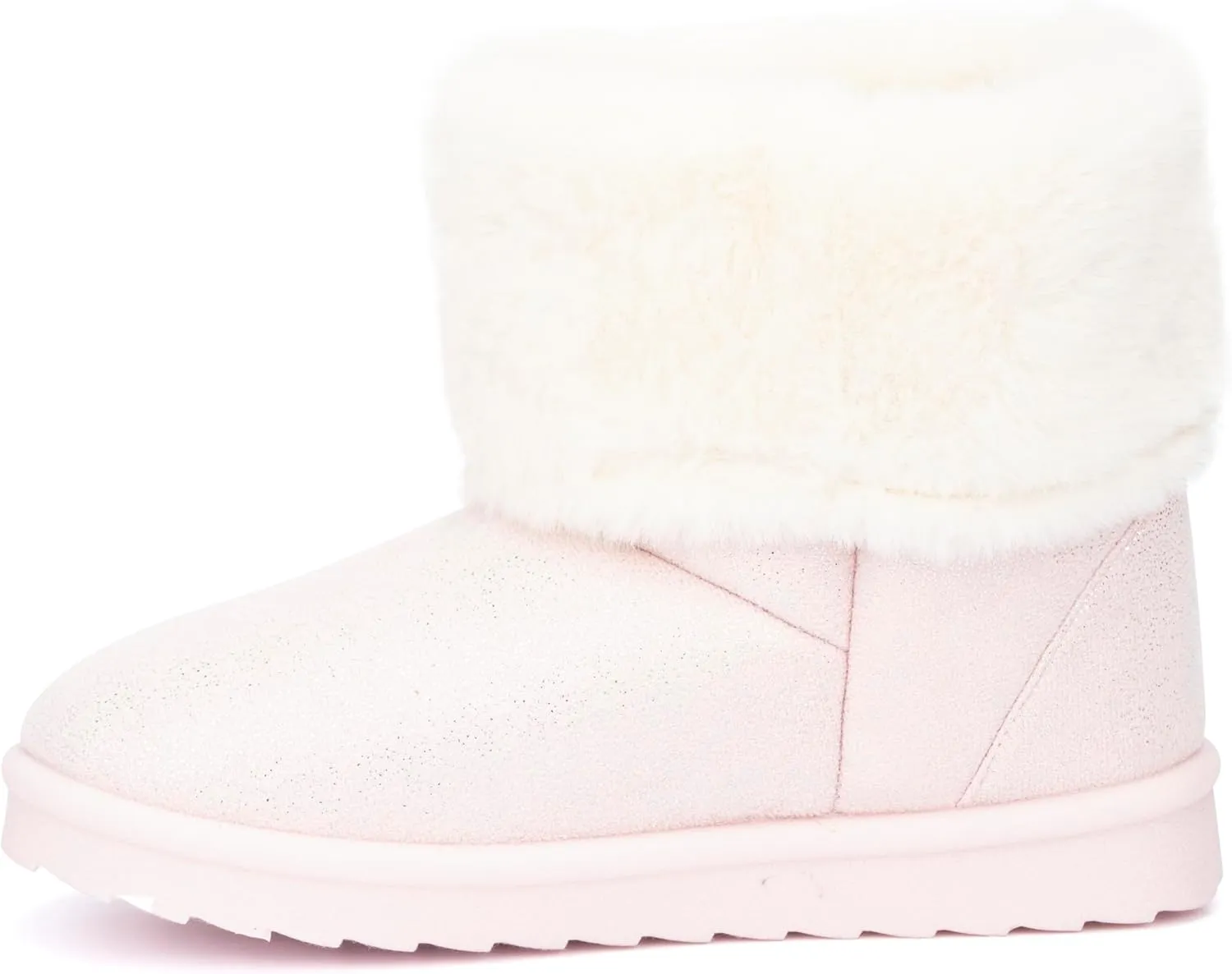 Olivia Miller Kid's Girl Fashion Shoes, Sparkling Stardust Shimmer Faux Suede w Fur Rubber Sole Slip On Round Toe Winter Snow Casual Classic Pull On Slipper Bootie Ankle Boots