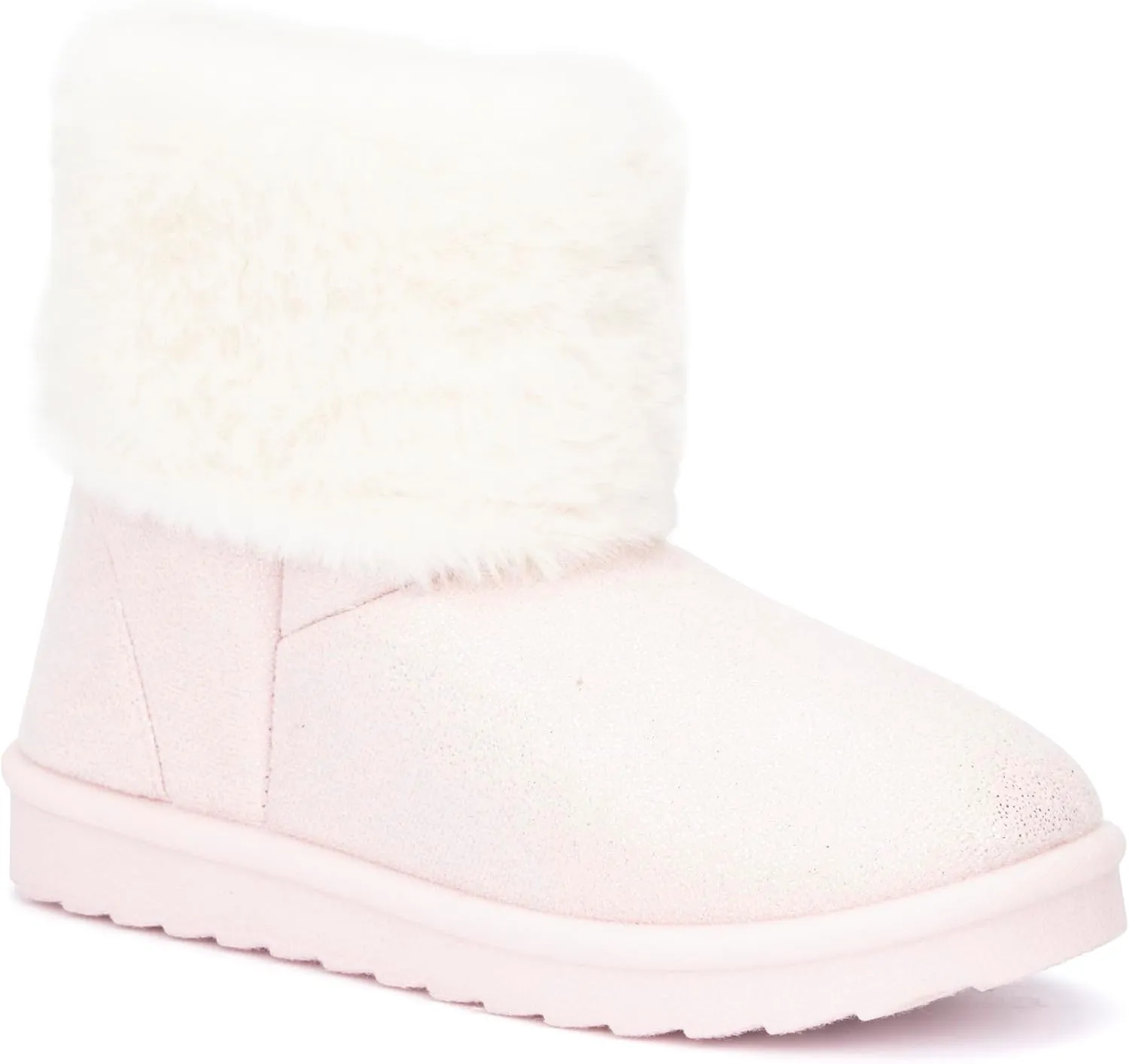 Olivia Miller Kid's Girl Fashion Shoes, Sparkling Stardust Shimmer Faux Suede w Fur Rubber Sole Slip On Round Toe Winter Snow Casual Classic Pull On Slipper Bootie Ankle Boots