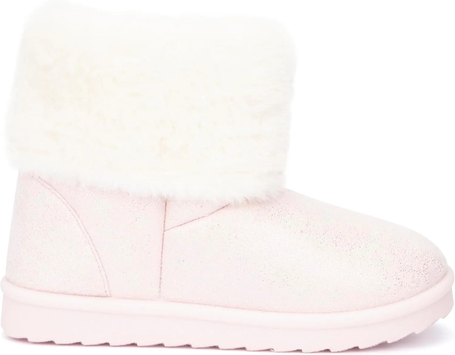 Olivia Miller Kid's Girl Fashion Shoes, Sparkling Stardust Shimmer Faux Suede w Fur Rubber Sole Slip On Round Toe Winter Snow Casual Classic Pull On Slipper Bootie Ankle Boots