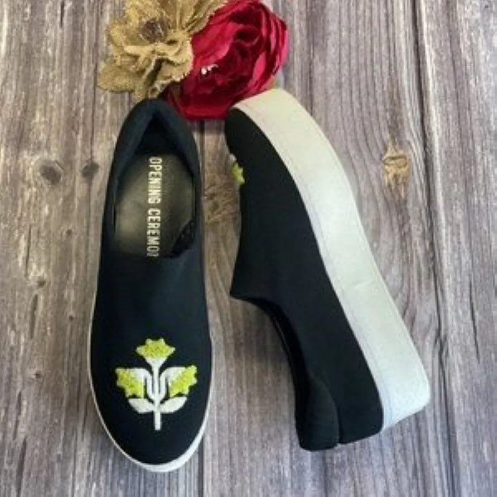 Opening Ceremony Black Embroidered Platform Slip On Sneakers 8M