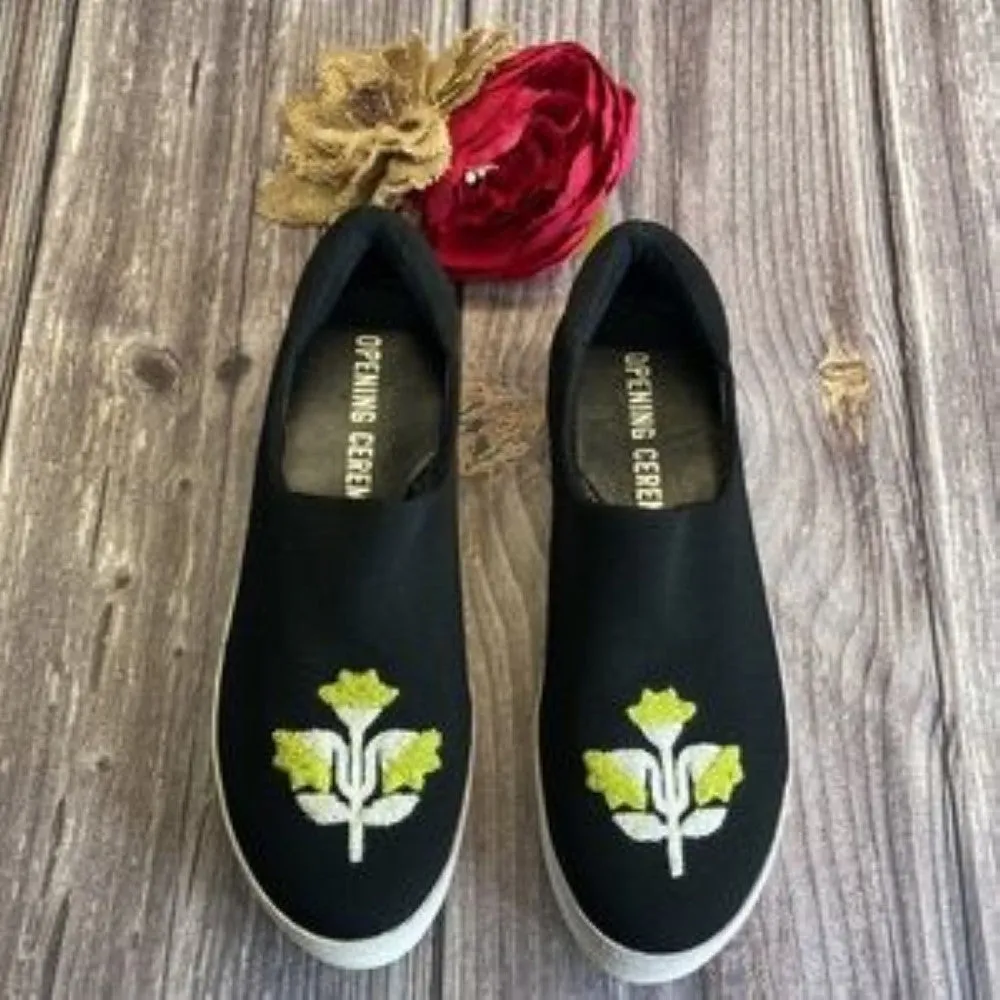 Opening Ceremony Black Embroidered Platform Slip On Sneakers 8M