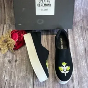 Opening Ceremony Black Embroidered Platform Slip On Sneakers 8M