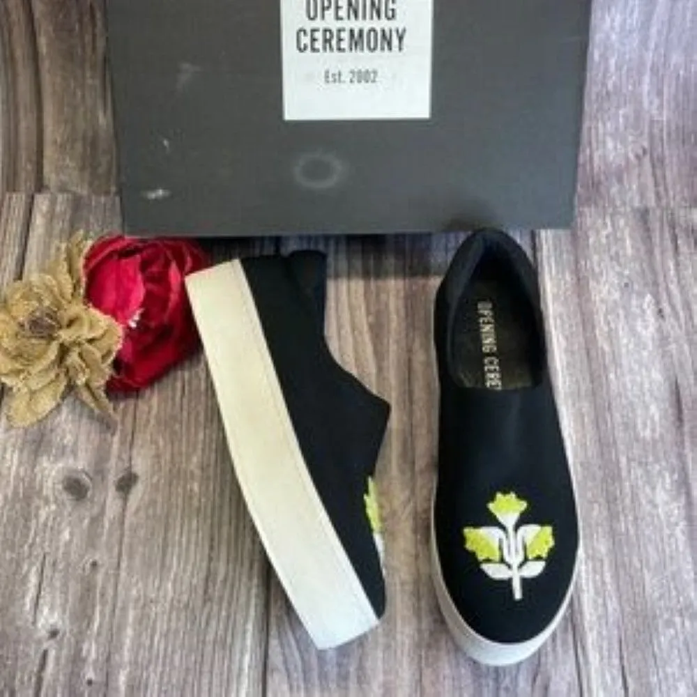 Opening Ceremony Black Embroidered Platform Slip On Sneakers 8M