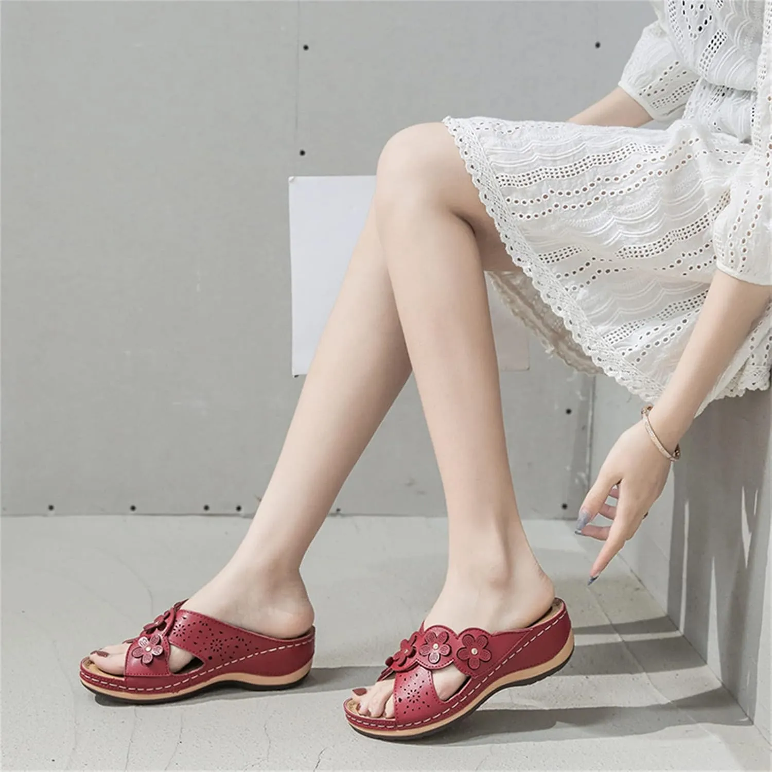 ORNVEION Open Toe Fancy Flower Women Wedge Orthopedic Sandals,Hollowed Slip on Arch Support Sandals Casual Bohemian Fashion Non-Slip Lightweight Slippers