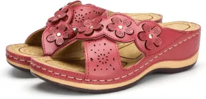 ORNVEION Open Toe Fancy Flower Women Wedge Orthopedic Sandals,Hollowed Slip on Arch Support Sandals Casual Bohemian Fashion Non-Slip Lightweight Slippers