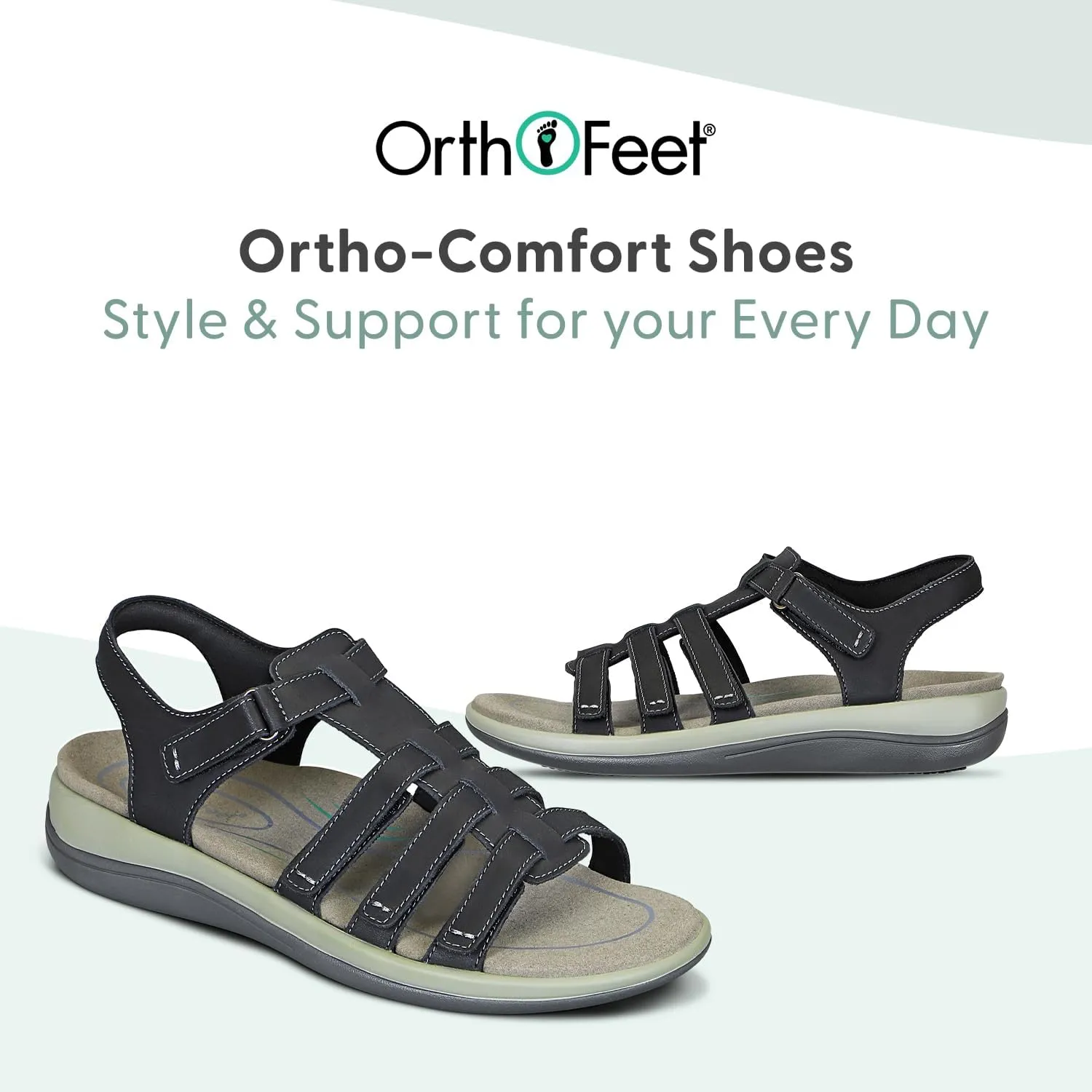 Orthofeet Women's Orthopedic Black Leather Amalfi Adjustable Sandals, Size 8.5