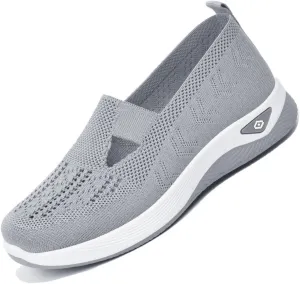 Orthowalkway Womens Shoes,Breathable Sneakers Slip On Comfortable Knitted Lightweight Flat Walking Shoes with Soft Cushion