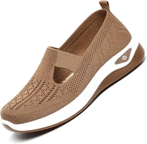 Orthowalkway Womens Shoes,Breathable Sneakers Slip On Comfortable Knitted Lightweight Flat Walking Shoes with Soft Cushion