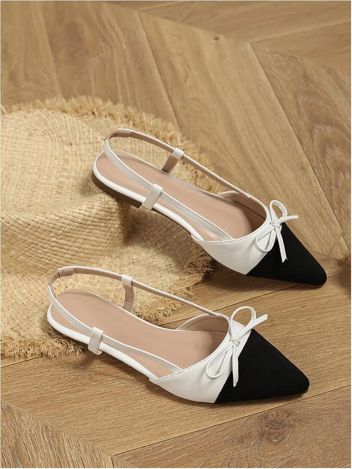 OYOANGLE Women's Color Block Bow Pointed Toe Slingback Flat Sandals Work Office Dressy Shoes