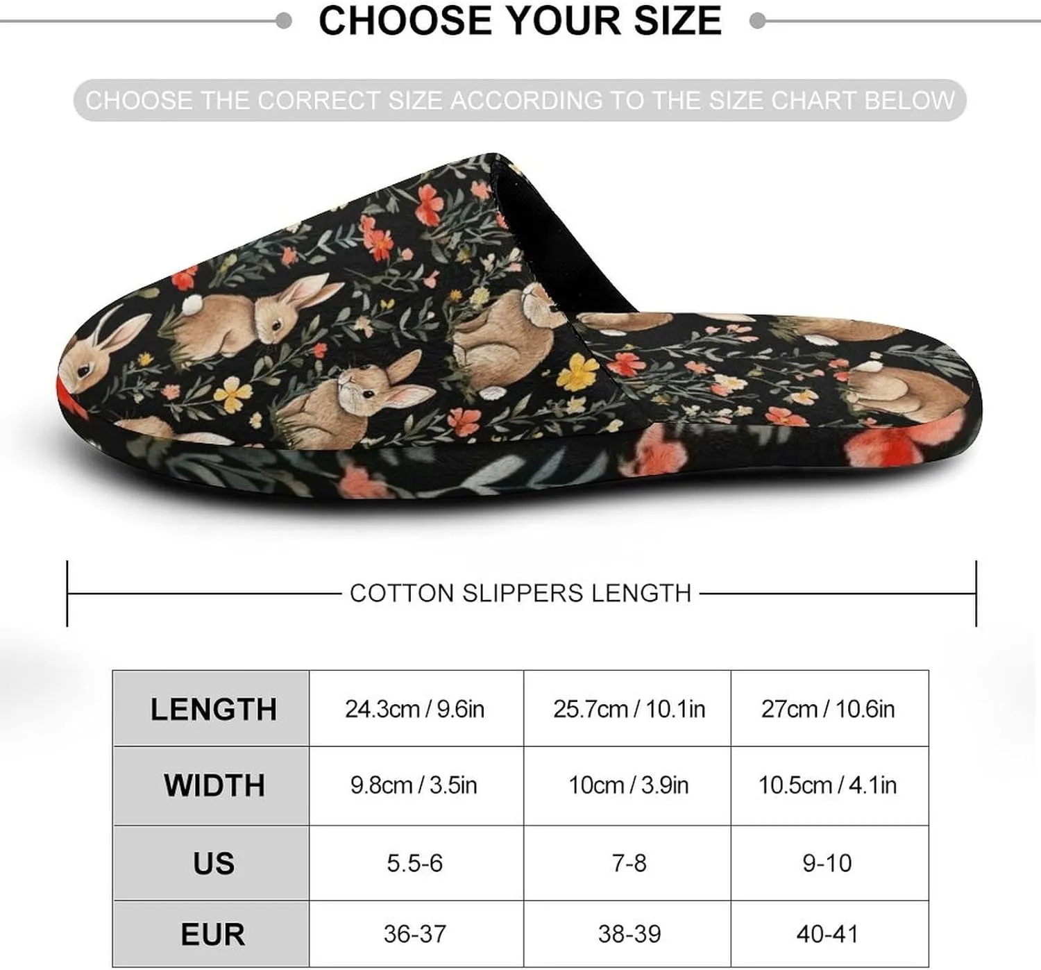Rabbit Floral Print Women's Slipper Non Slip Comfortable Winter Warm Home House Shoes