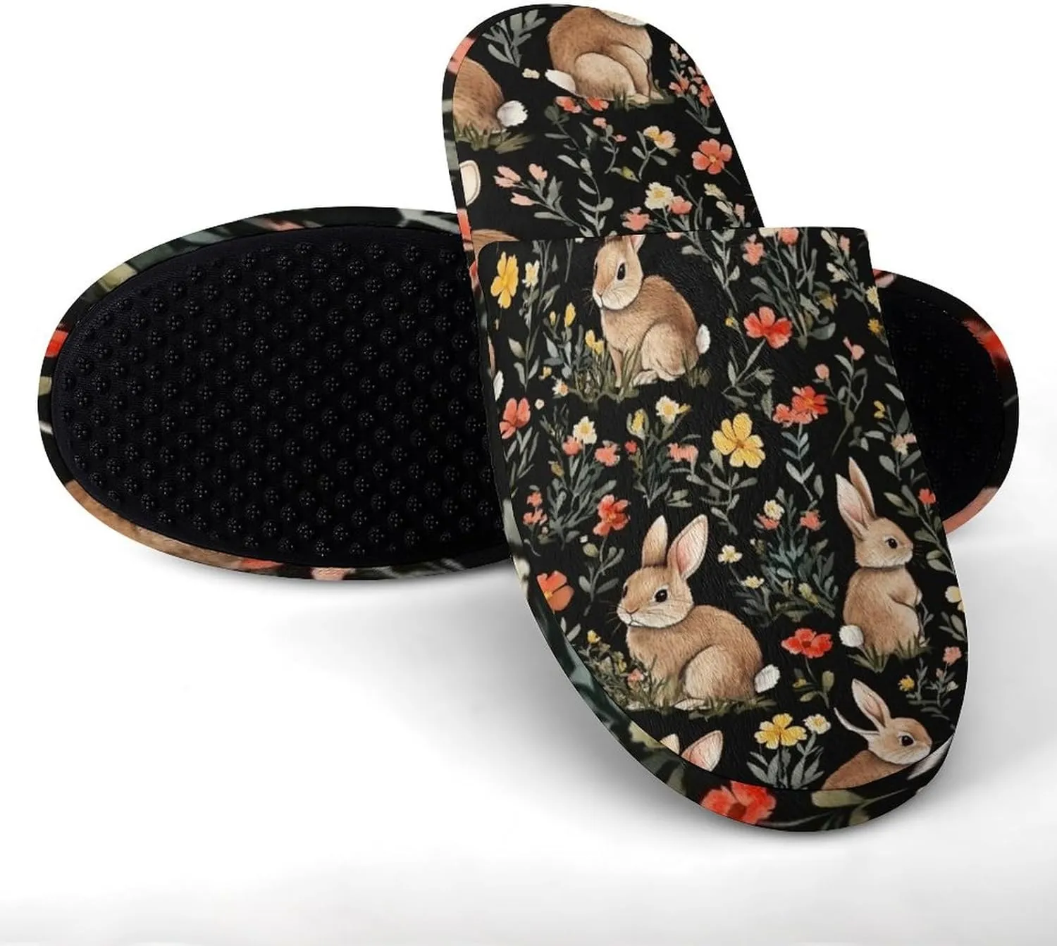 Rabbit Floral Print Women's Slipper Non Slip Comfortable Winter Warm Home House Shoes