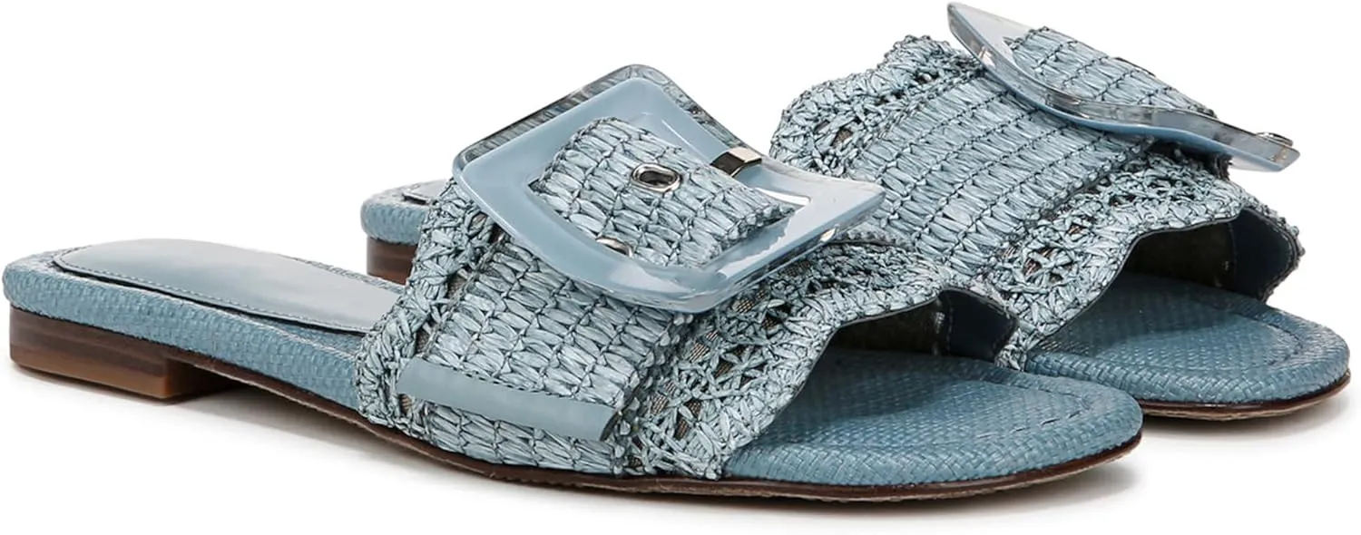 Raffia Flat Sandals for Women Woven Rattan Buckle Slide Sandals Summer Slip On Beach Sandals