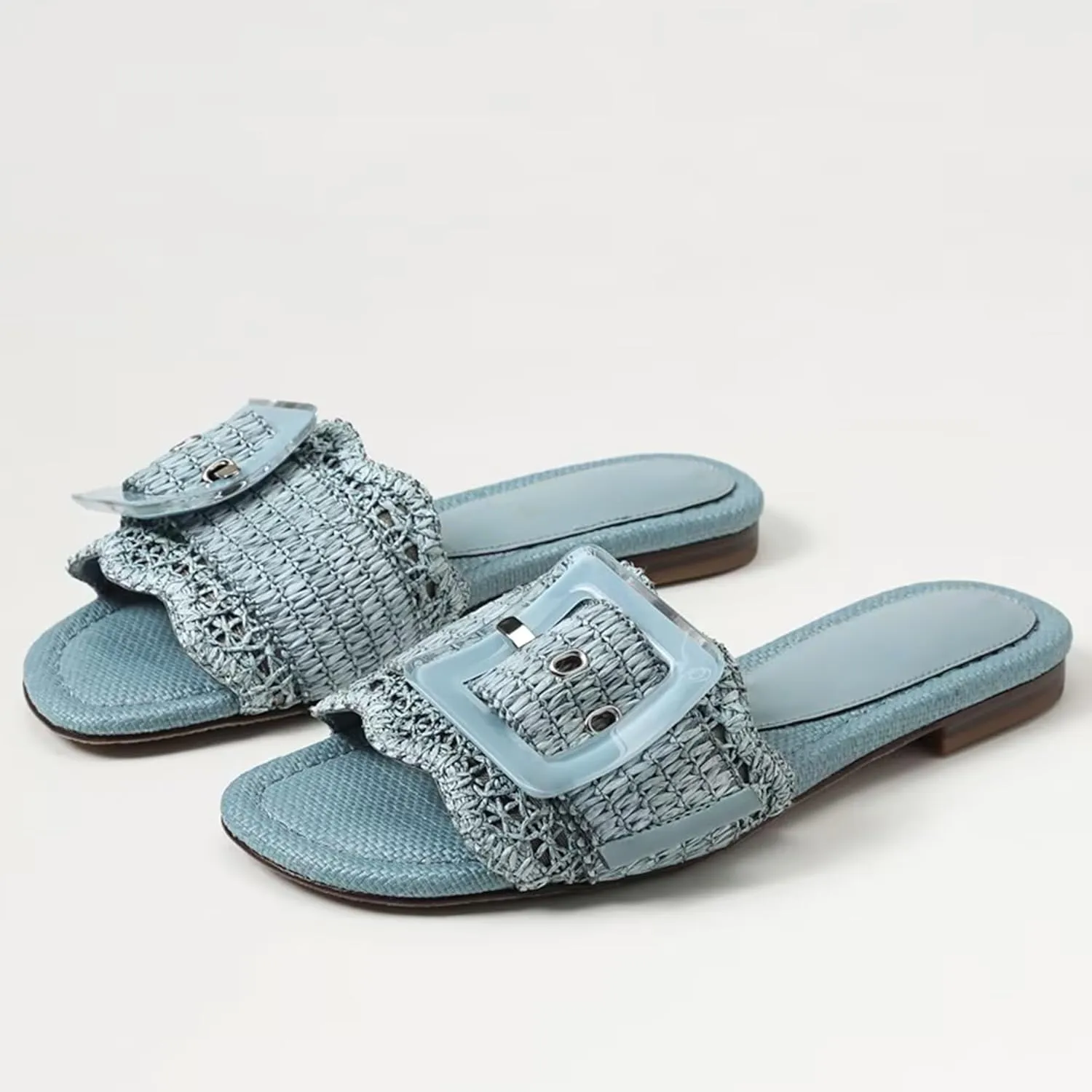 Raffia Flat Sandals for Women Woven Rattan Buckle Slide Sandals Summer Slip On Beach Sandals