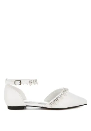 Rhinestone & Pearl Ankle Strap Flat Sandals By RUW