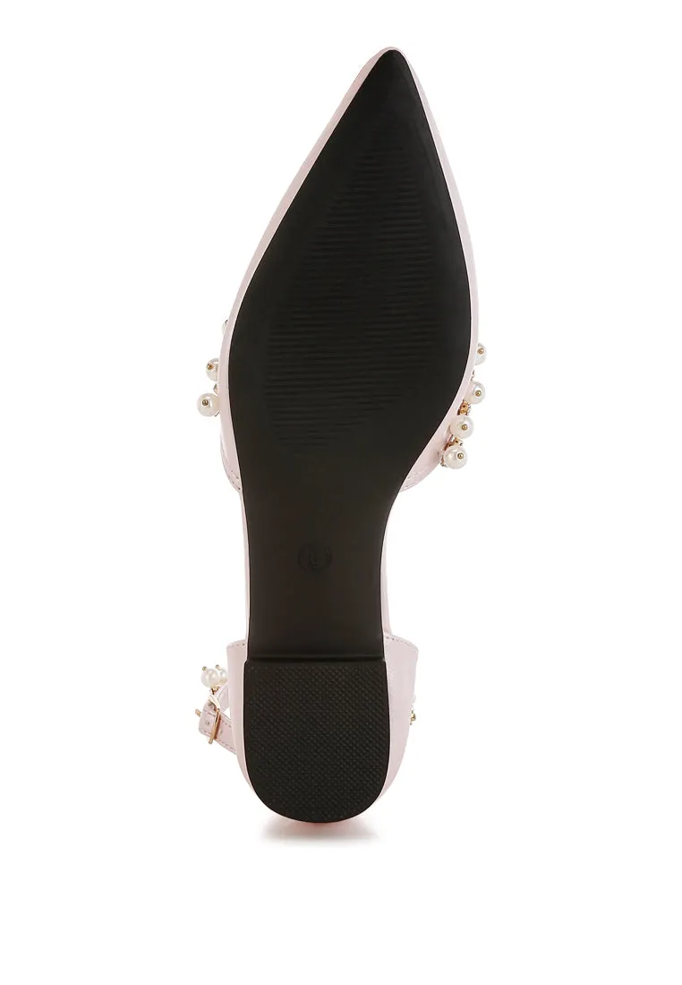 Rhinestone & Pearl Ankle Strap Flat Sandals By RUW