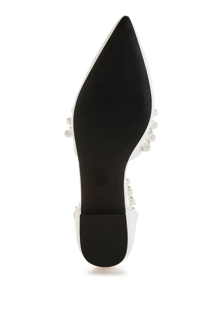 Rhinestone & Pearl Ankle Strap Flat Sandals By RUW