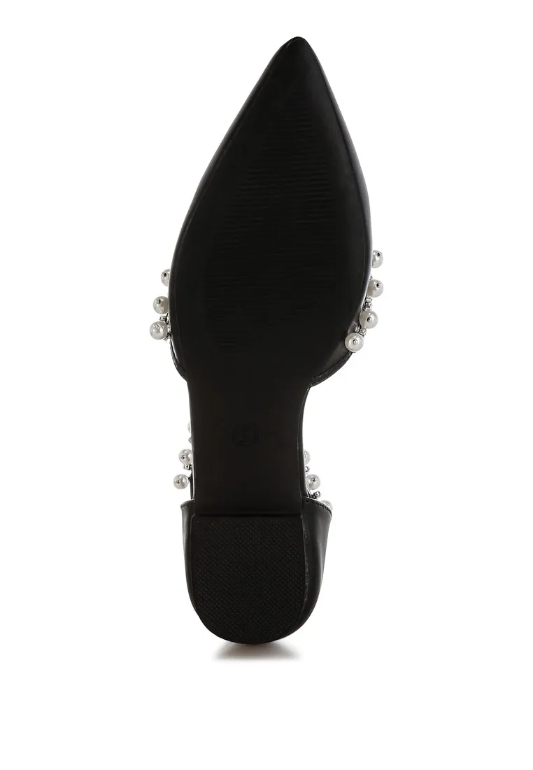 Rhinestone & Pearl Ankle Strap Flat Sandals By RUW