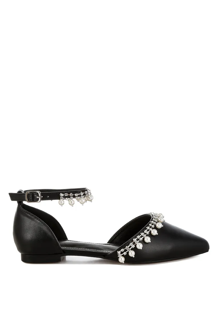 Rhinestone & Pearl Ankle Strap Flat Sandals By RUW
