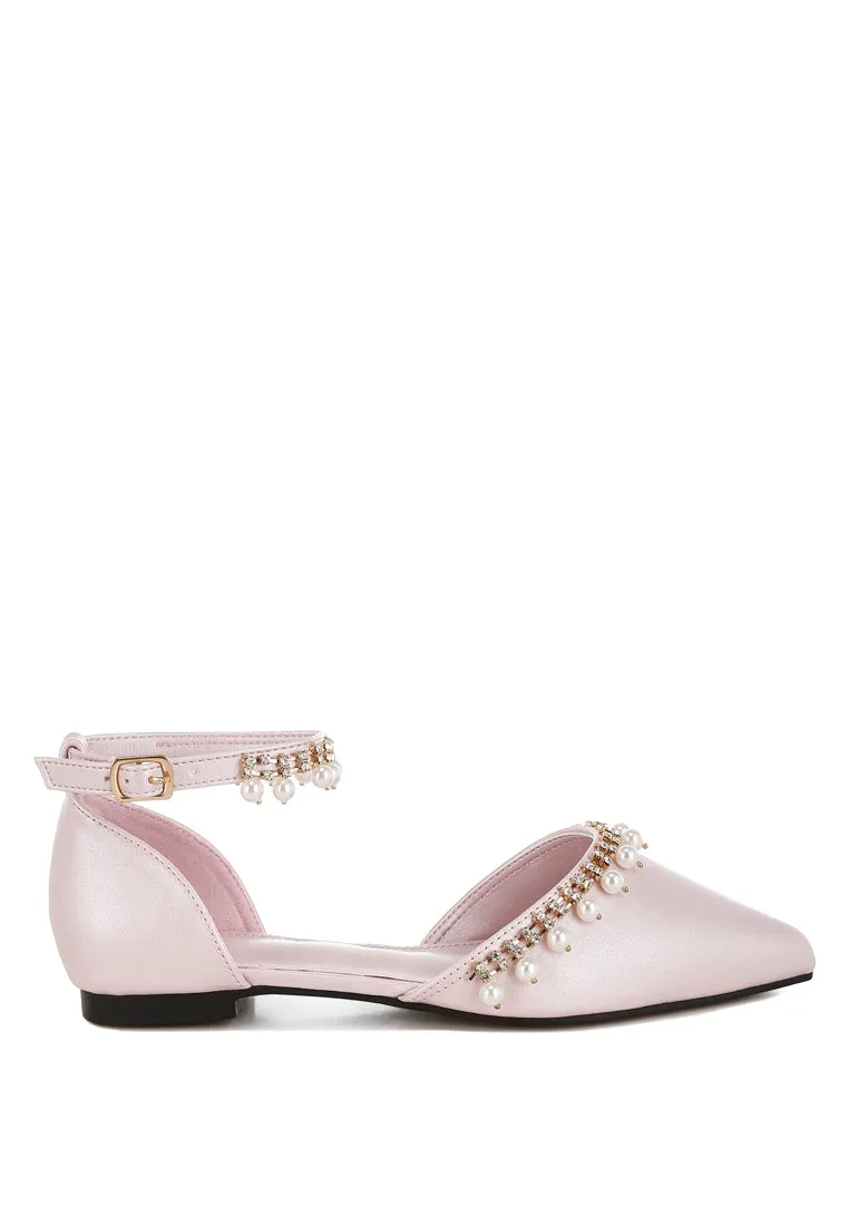 Rhinestone & Pearl Ankle Strap Flat Sandals By RUW