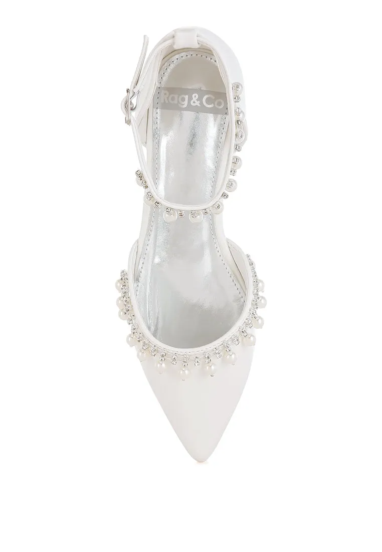 Rhinestone & Pearl Ankle Strap Flat Sandals By RUW