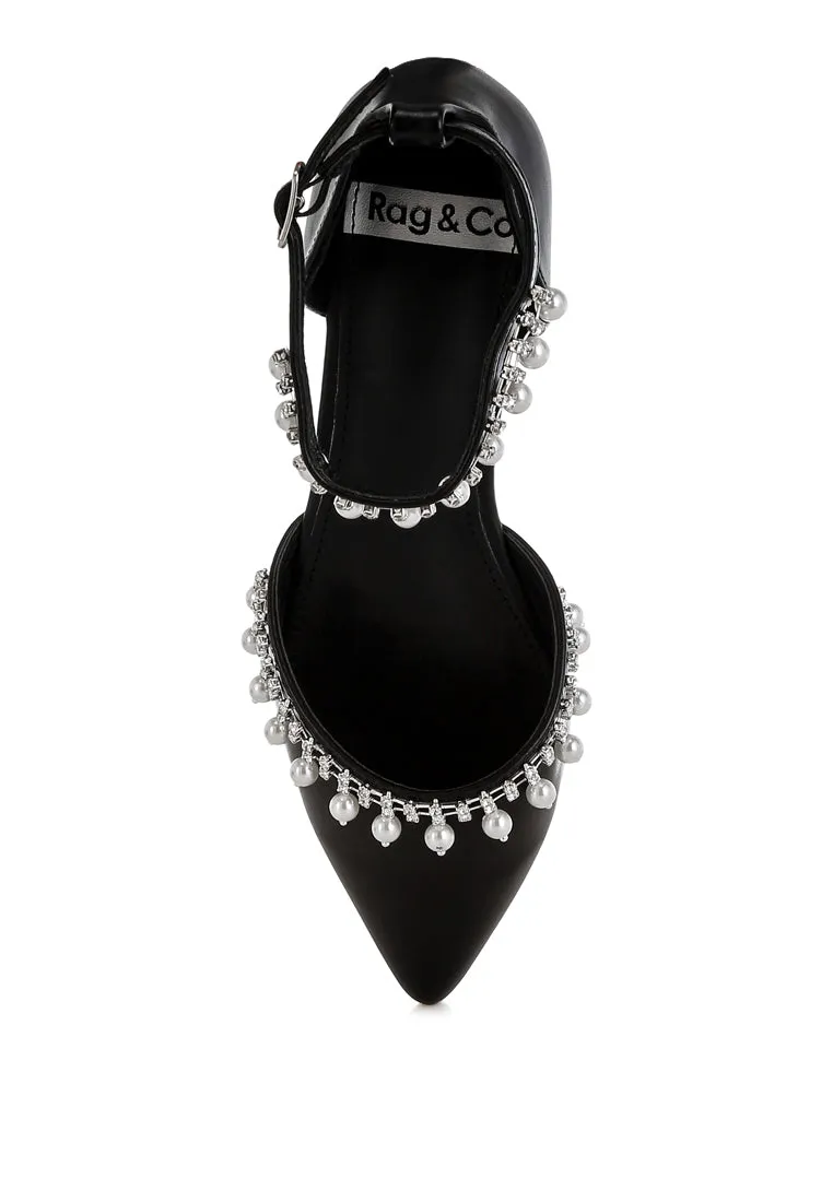 Rhinestone & Pearl Ankle Strap Flat Sandals By RUW