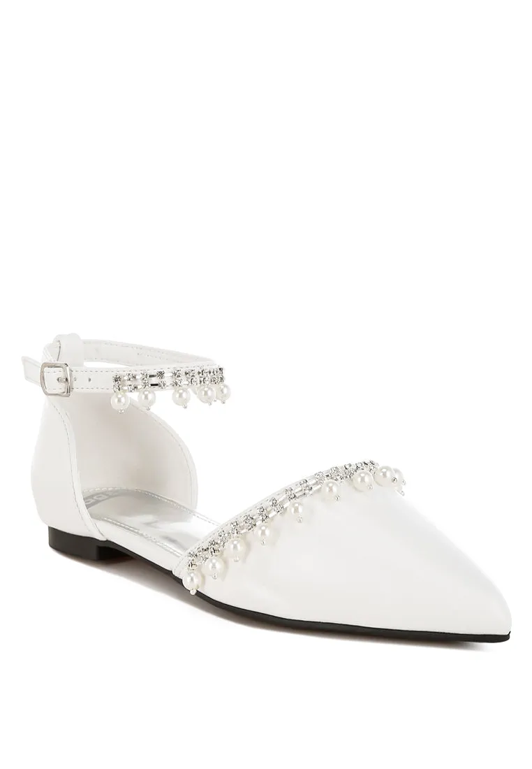 Rhinestone & Pearl Ankle Strap Flat Sandals By RUW