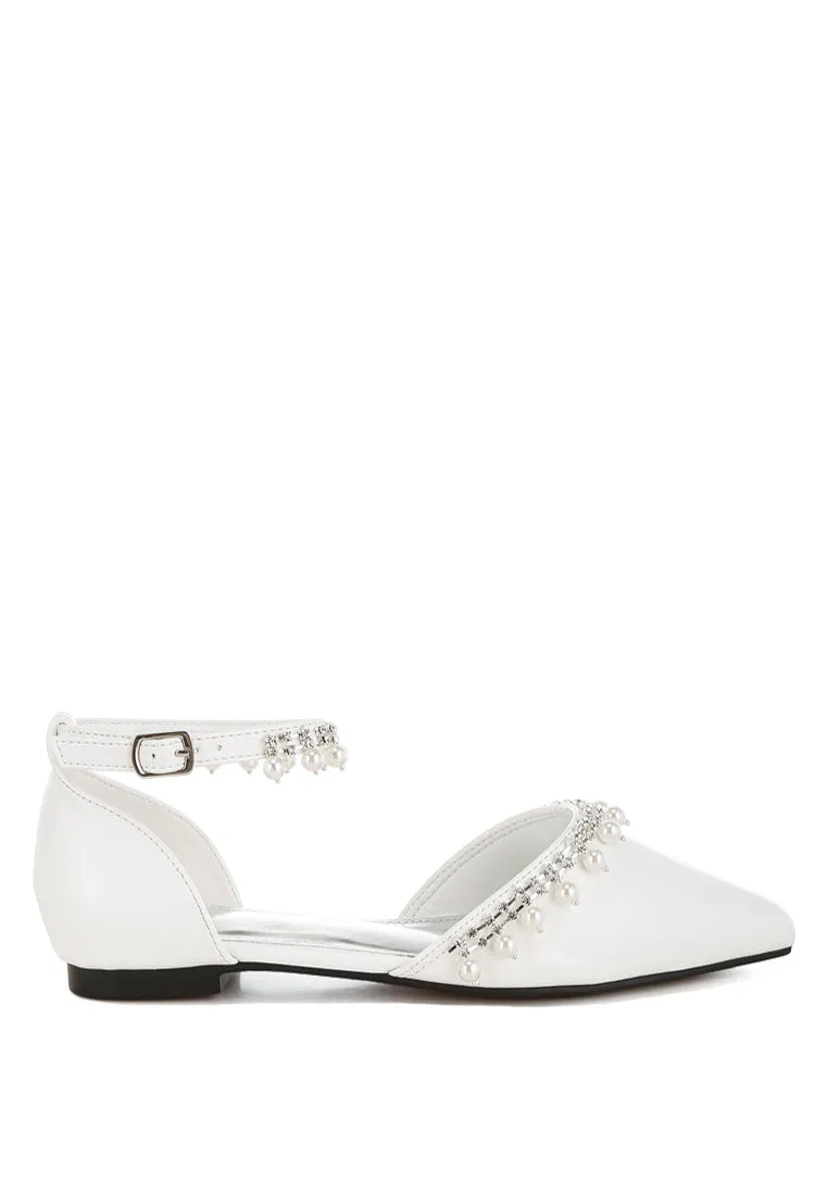 Rhinestone & Pearl Ankle Strap Flat Sandals By RUW