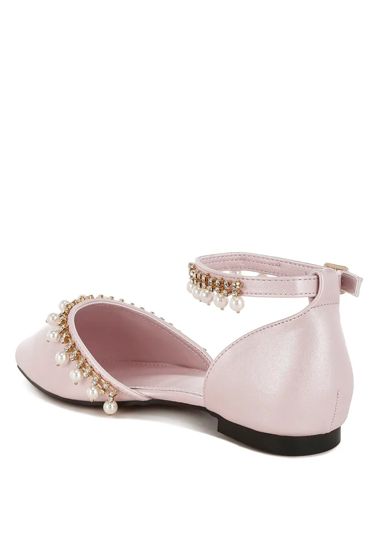 Rhinestone & Pearl Ankle Strap Flat Sandals By RUW