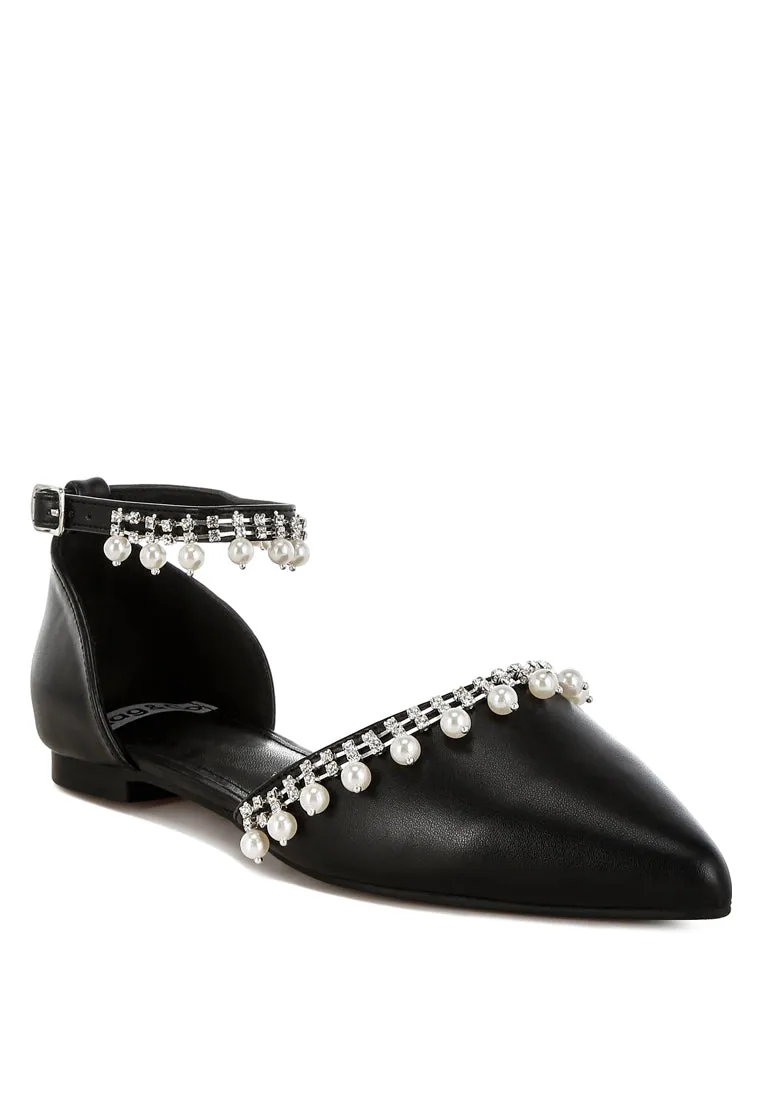 Rhinestone & Pearl Ankle Strap Flat Sandals By RUW