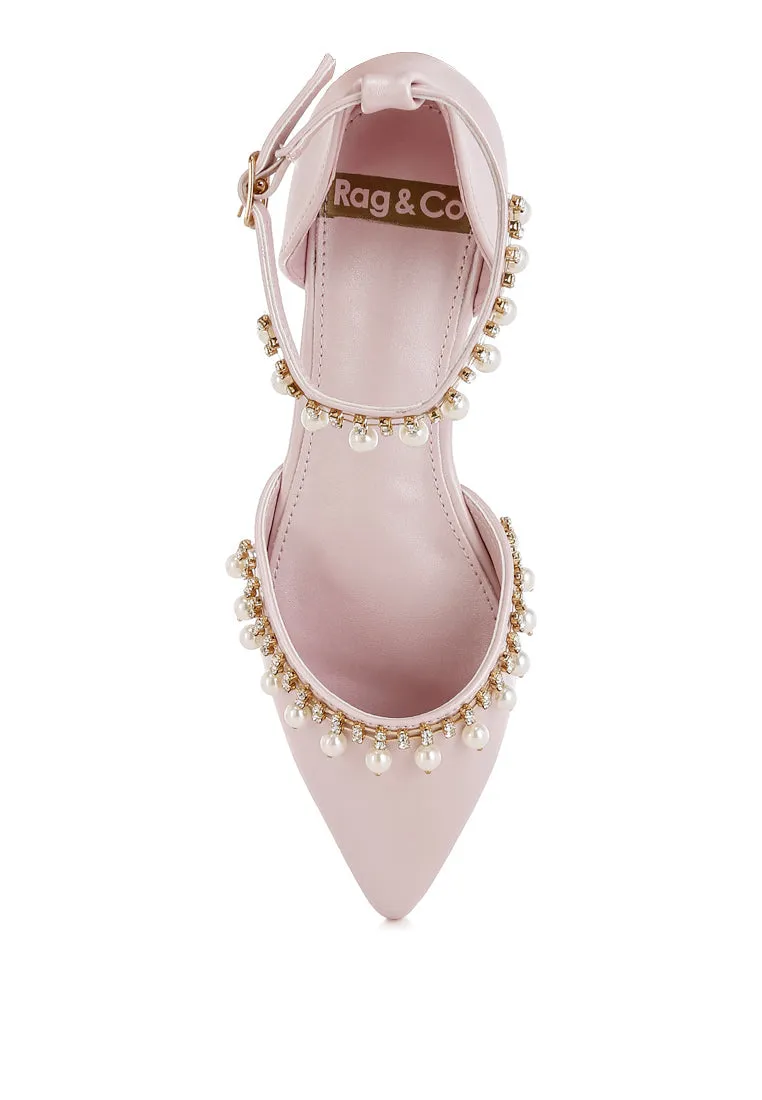 Rhinestone & Pearl Ankle Strap Flat Sandals By RUW