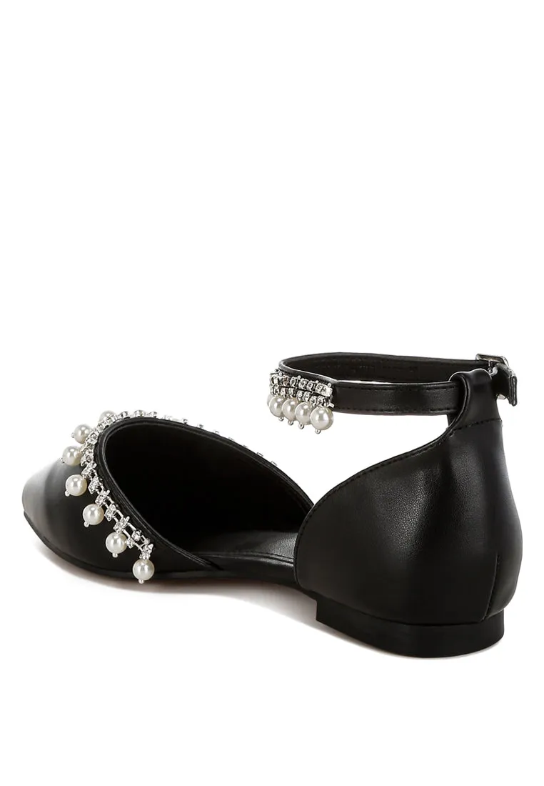 Rhinestone & Pearl Ankle Strap Flat Sandals By RUW