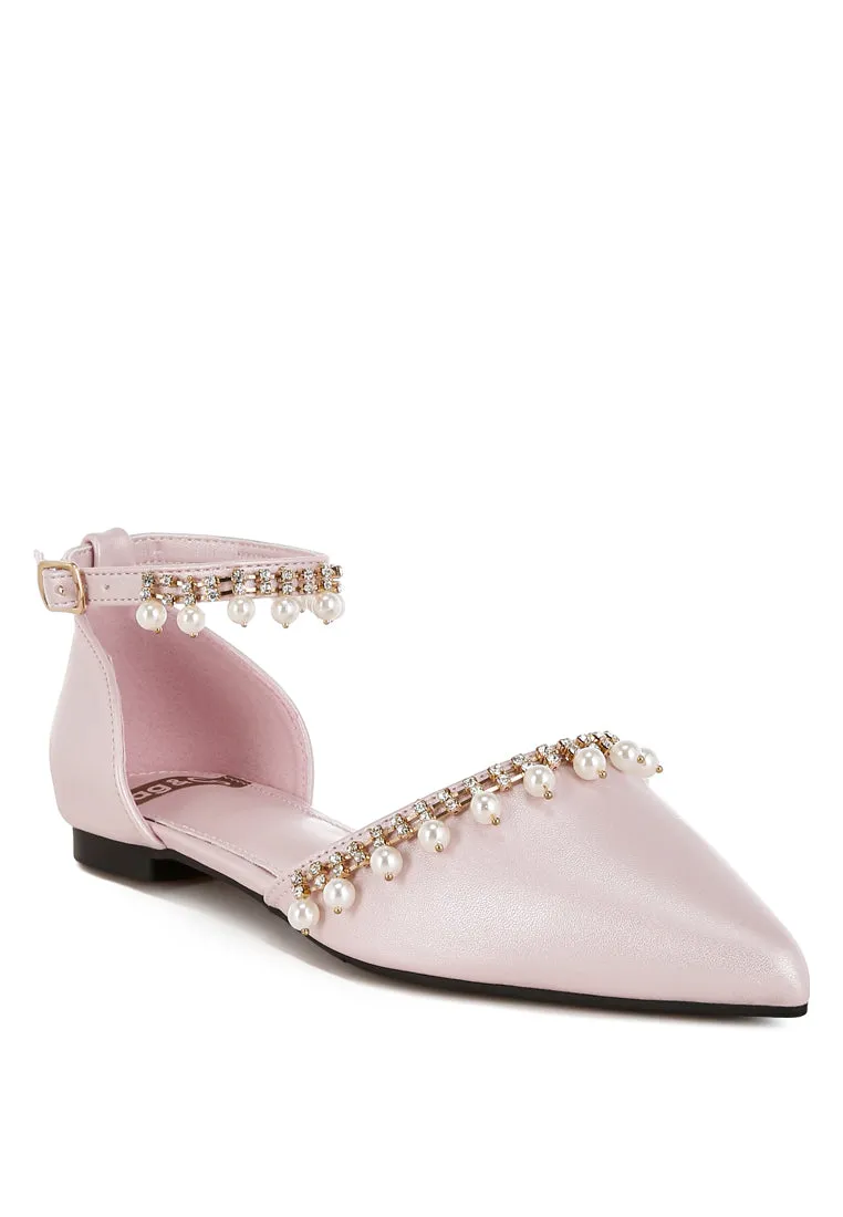 Rhinestone & Pearl Ankle Strap Flat Sandals By RUW