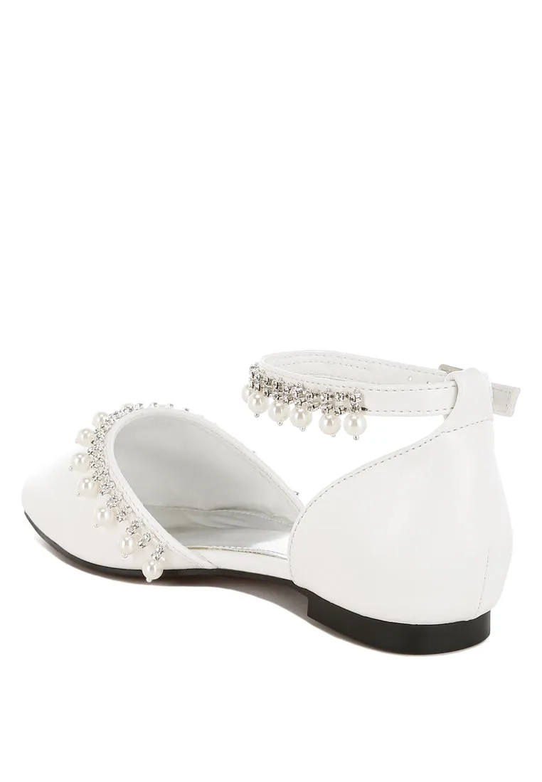 Rhinestone & Pearl Ankle Strap Flat Sandals By RUW