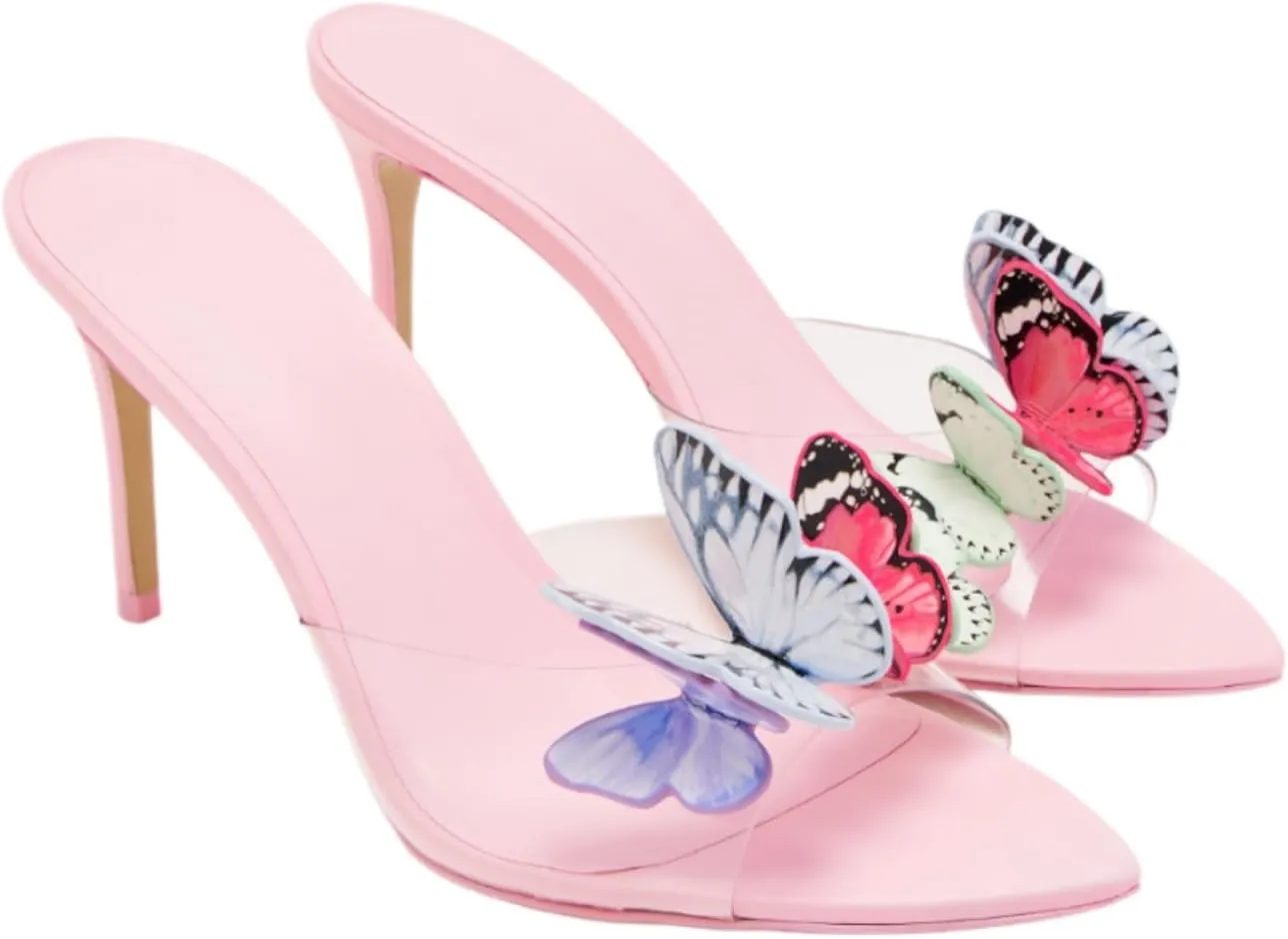 Richealnana Women's Butterfly Transparent Mule Stiletto High Heel Slip On Pointed Toe Sandals