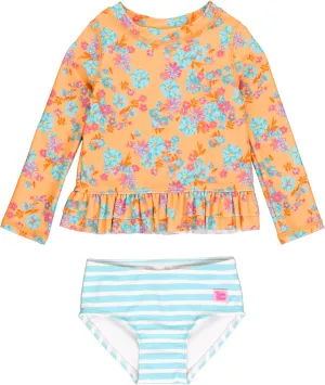 RuffleButts Vibrant Valley Long Sleeve Ruffle Hem Rash Guard 2-Piece - 2T