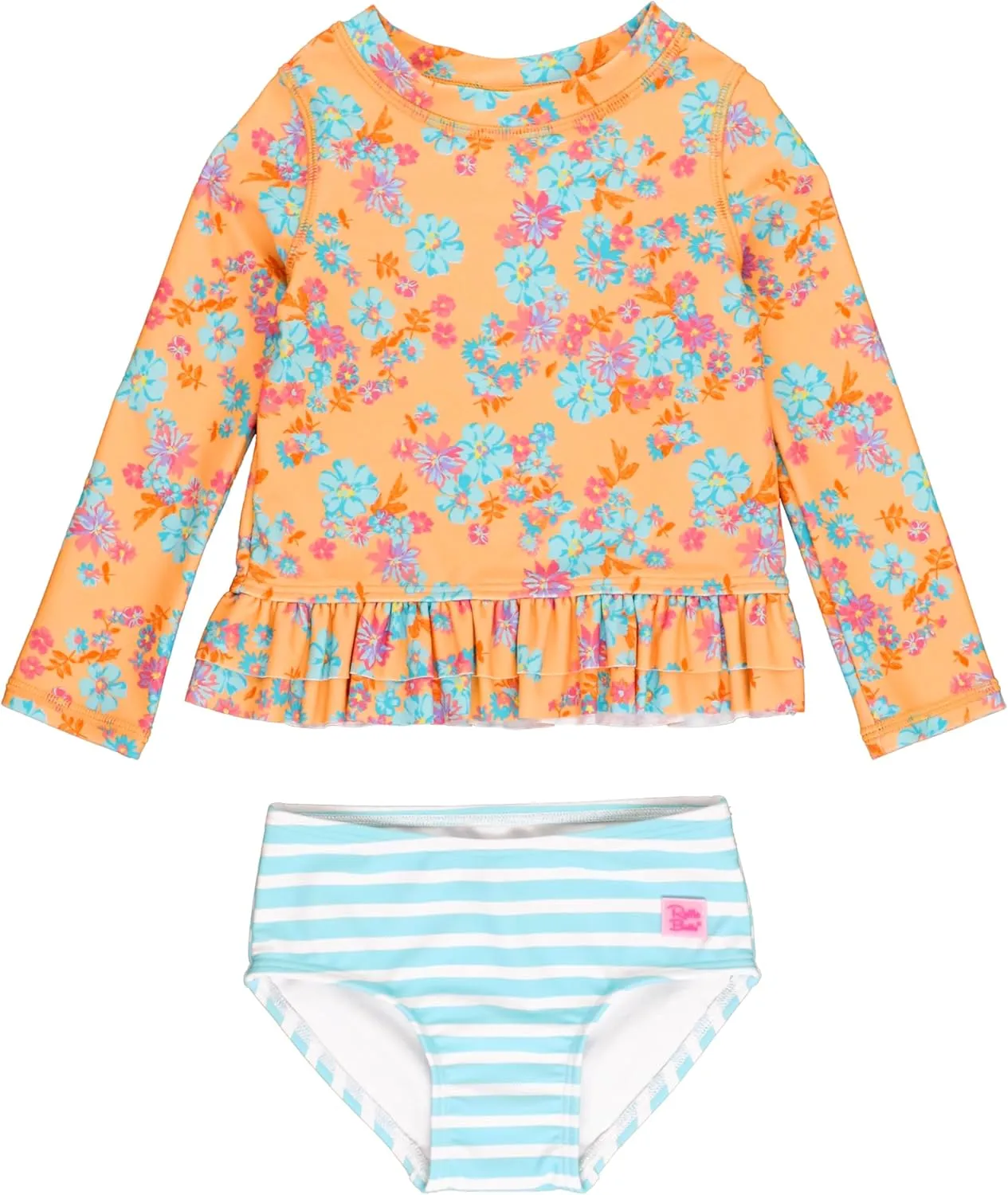 RuffleButts Vibrant Valley Long Sleeve Ruffle Hem Rash Guard 2-Piece - 2T