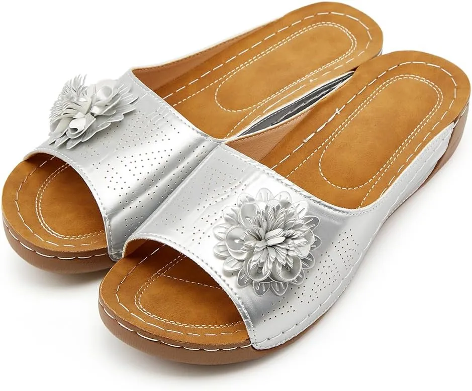 Rungion Womens Summer Beach Sandals Wedge Low Open Toe Slides Ladies Dressy Sandals Slipper Platform Comfortable Flower Sandals