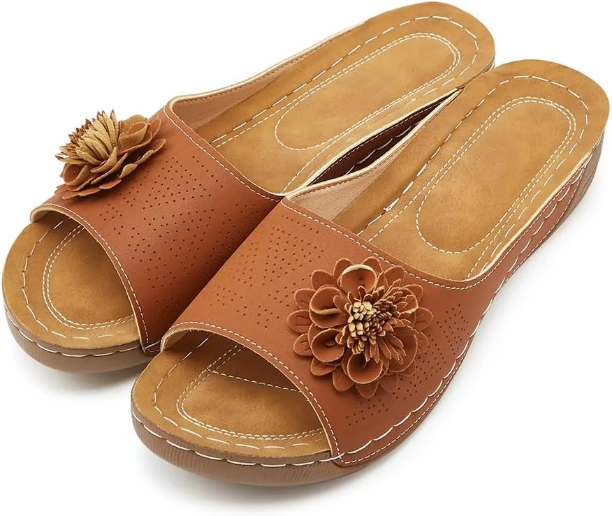 Rungion Womens Summer Beach Sandals Wedge Low Open Toe Slides Ladies Dressy Sandals Slipper Platform Comfortable Flower Sandals