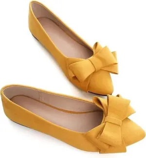 SAILING LU Bow-Knot Ballet Flats Womens Pointy Toe Flat Shoes Suede Dress Shoes Wear to Work Slip-On Moccasins Yellow Size 8