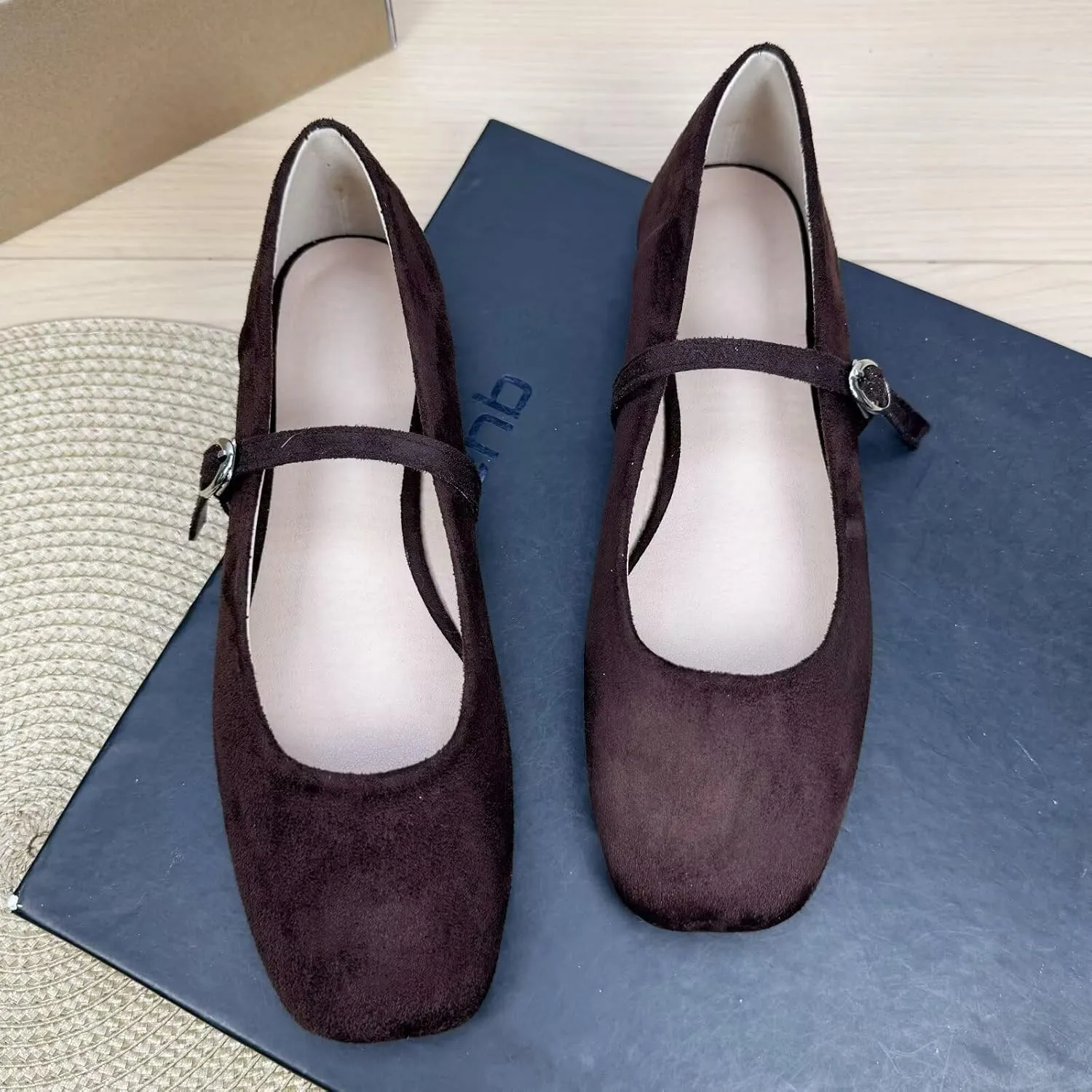 SAILING LU Women's Mary Jane Ballet Flats Square Toe Flat Shoes Suede Dress Shoes Comfortable Wear to Work Slip On Moccasins